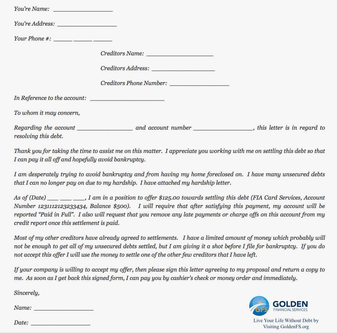Letter To Collection Agency from goldenfs.org
