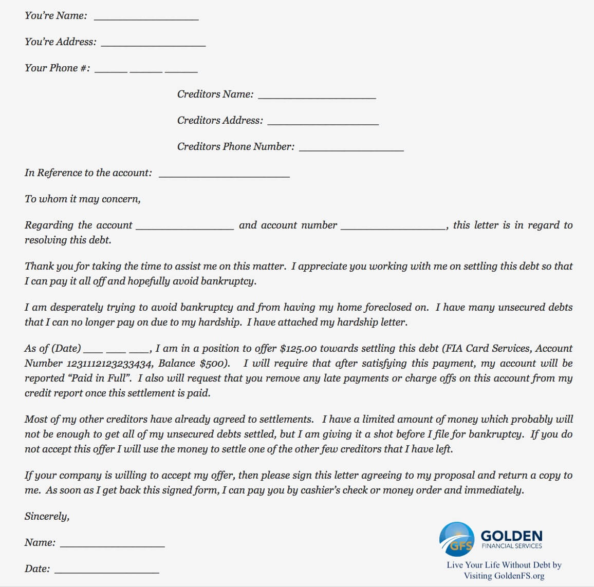 Debt settlement letter template by GoldenFS.org