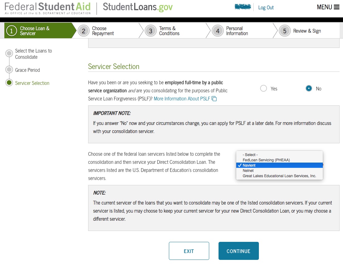 Select a loan servicer and continue. (how to consolidate student loans)